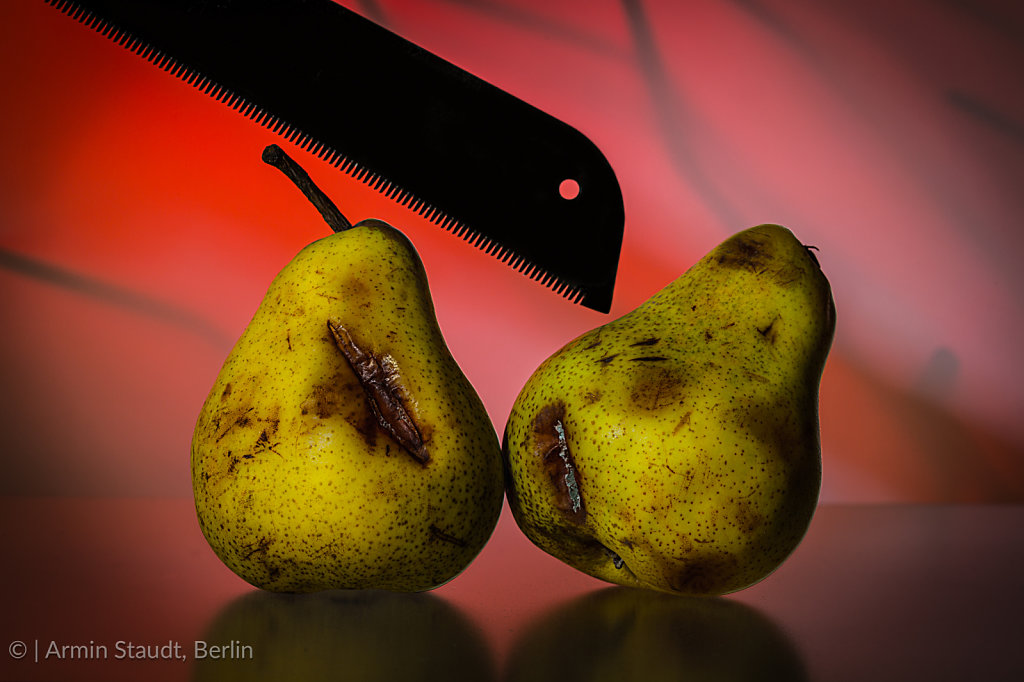 stilllife with two old pears and a saw on a red vibrant backgrou